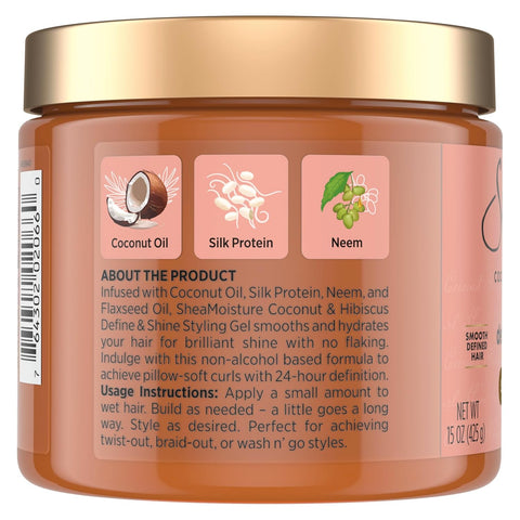 SheaMoisture Define & Shine Styling Gel + Flaxseed Coconut&Hibiscus Hydrates,Holds Your Style All Day Infused With Glycerin,Coconut Oil an Invigorating Sweet Scent ParabenFree Frizz Control Gel 15OZ