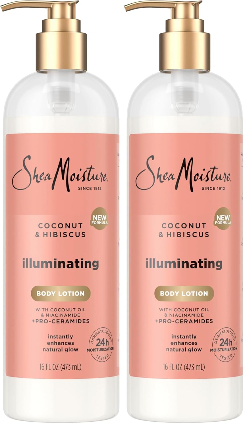 SheaMoisture Illuminating Body Lotion with Coconut Oil, Hibiscus, Niacinamide and Pro-Ceramides, Instantly Enhancing Skin's Natural Glow, 24H Moisturizing 16 oz, (Pack of 2)