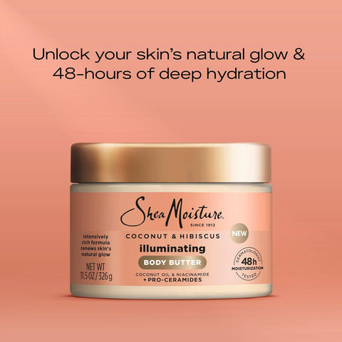 SheaMoisture Illuminating Body Butter with Coconut & Hibiscus, Niacinamide and Pro-Ceramides, Renewing Skin’s Natural Glow, 48H Moisturizing 11.5 oz,(Pack of 2)