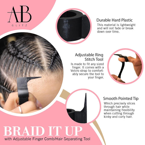 Royalty Headwear The Braid Aid Adjustable Parting Tool - Stitch Braiding Aid, Lightweight Hair Separating Comb for All Hair Types - Black