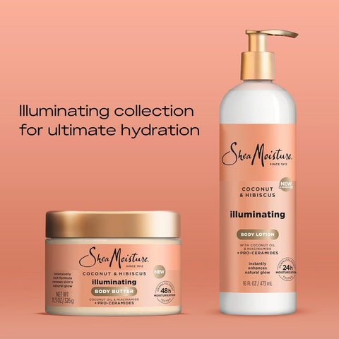 SheaMoisture Illuminating Body Lotion with Coconut Oil, Hibiscus, Niacinamide and Pro-Ceramides, Instantly Enhancing Skin's Natural Glow, 24H Moisturizing 16 oz, (Pack of 2)