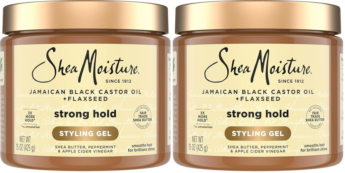 SheaMoisture Strong Hold Styling Gel+Flaxseed Jamaican Black Castor Oil Gives Controlled Style,Infused With Castor Seed Oil,SheaButter & Indulgent Scent ParabenFree AntiFrizz Hair Gel 15oz (Pack of 2)