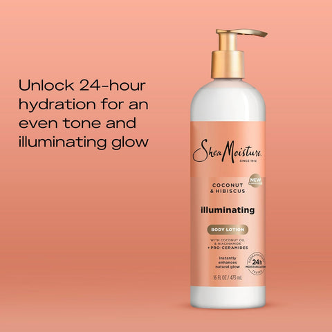SheaMoisture Illuminating Body Lotion with Coconut Oil, Hibiscus, Niacinamide and Pro-Ceramides, Instantly Enhancing Skin's Natural Glow, 24H Moisturizing 16 oz, (Pack of 2)