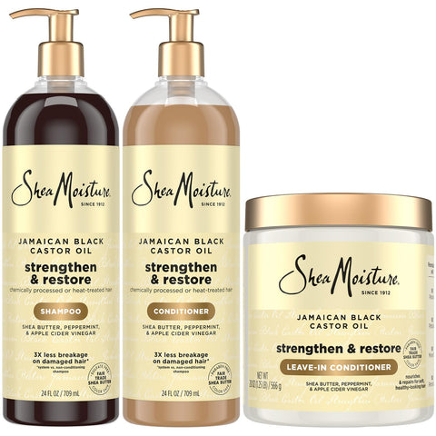 SheaMoisture Jamaican Black Castor Oil Strengthen & Restore Hair Repair Shampoo, Conditioner + Leave-In Conditioner, Family-Size Bundle