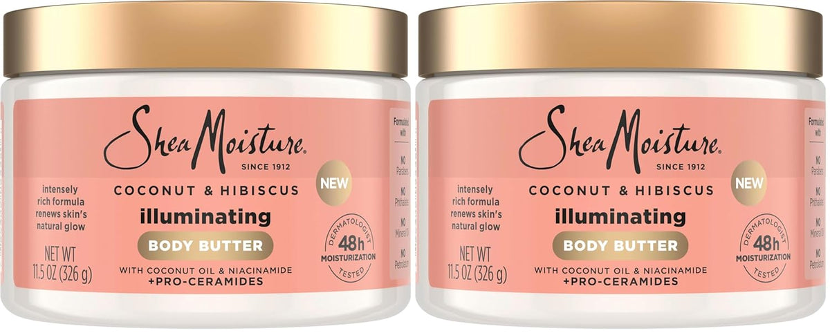 SheaMoisture Illuminating Body Butter with Coconut & Hibiscus, Niacinamide and Pro-Ceramides, Renewing Skin’s Natural Glow, 48H Moisturizing 11.5 oz,(Pack of 2)