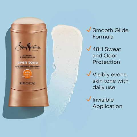 SheaMoisture Antiperspirant Deodorant Stick Even Tone Vitamin C & Niacinamide for 48HR Sweat & Odor Protection with No Parabens & No Mineral Oil 2.6 oz, (Pack of 4)